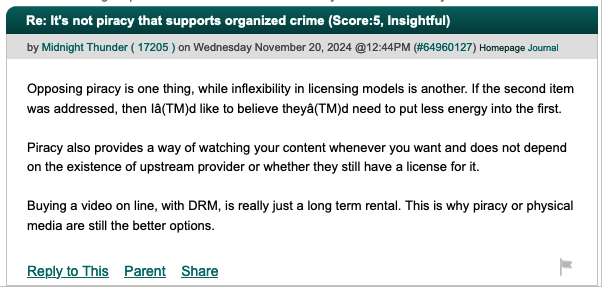 Slashdot comment on piracy